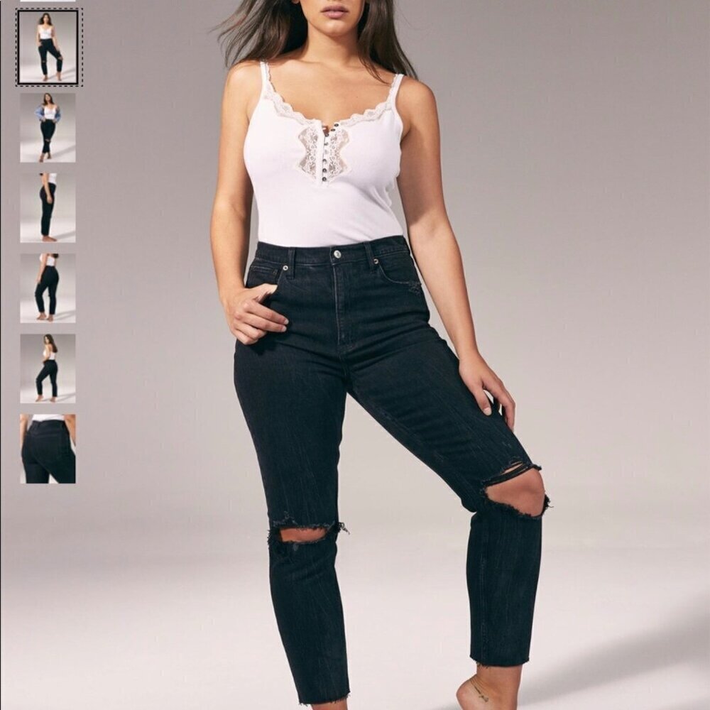 Abercrombie 2 (26) Ultra High Rise Mom Womens Jeans Black Distressed Frayed Hems